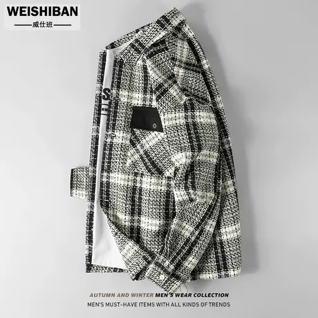 美式休闲格子提花夹克男春秋季小众设计感宽松时尚小香风薄款外套图片