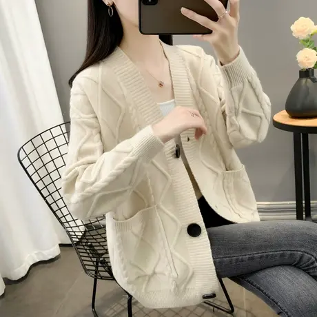 复古纯色厚款口袋毛衣外套女2025年春季新款休闲风气质针织上衣潮图片