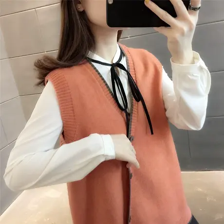 无袖毛衣针织马甲背心 外穿坎肩女装上衣 短款早春侧门襟套头小衫图片