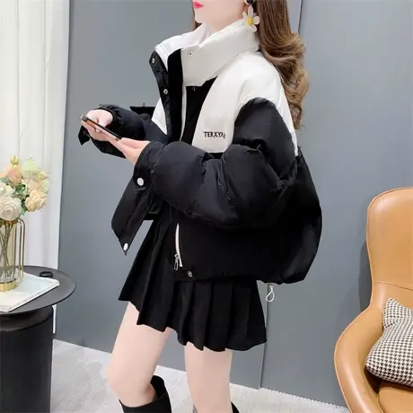 欧货拼色立领短款小个子棉衣外套女2023秋冬新款宽松时尚休闲上衣商品大图