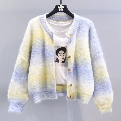 彩色渐变毛衣外套女秋冬2023新款日系甜美宽松慵懒风短款针织开衫商品大图