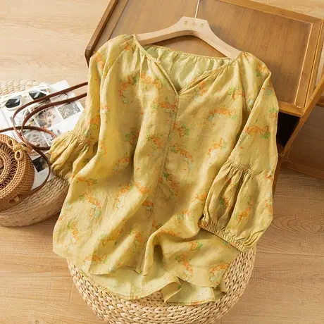 享永子七分袖碎花苎麻衬衫女套头小衫文艺复古宽松显瘦日系上衣女图片