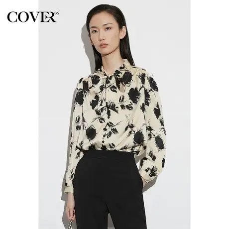 COVER春季缎面印花飘带灯笼袖衬衫商品大图