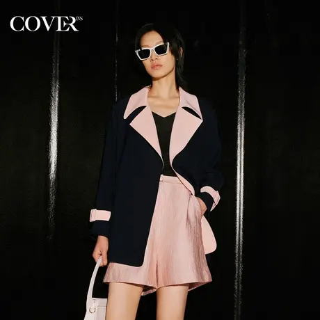 COVER秋季撞色翻领美拉德短风衣图片