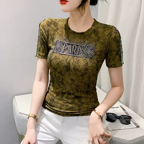 欧货设计感镂空T恤女短袖性感网纱拼接洋气小衫时尚烫钻紧身上衣商品大图