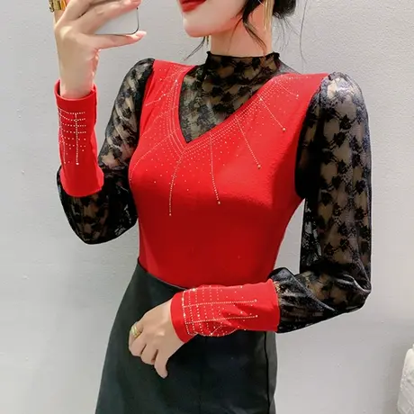 性感镂空长袖T恤女2024秋冬新款半高领打底衫内搭蕾丝拼接上衣ins图片