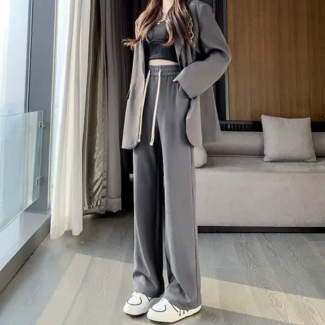 灰色窄版阔腿裤女高腰垂感2023新款春秋加长高个子休闲宽松直筒裤图片