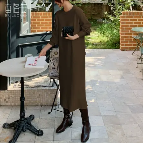 百洛安美拉德穿搭圆领针织连衣裙女冬装长款过膝宽松套头毛衣加厚图片