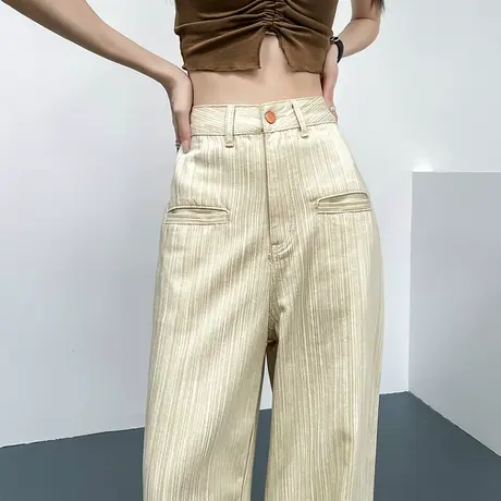 米白色阔腿牛仔裤女2023年春秋新款高腰窄版宽松显瘦竖条纹直筒裤商品大图