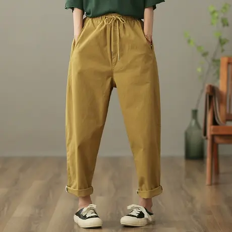 dza 高腰显瘦纯棉休闲裤女2023春季九分萝卜裤宽松百搭直筒哈伦裤商品大图