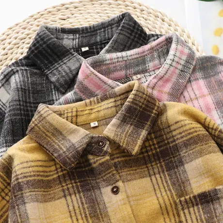 2020秋冬新款复古文艺范毛呢衬衫女宽松韩版加厚磨毛格子衬衣外套商品大图