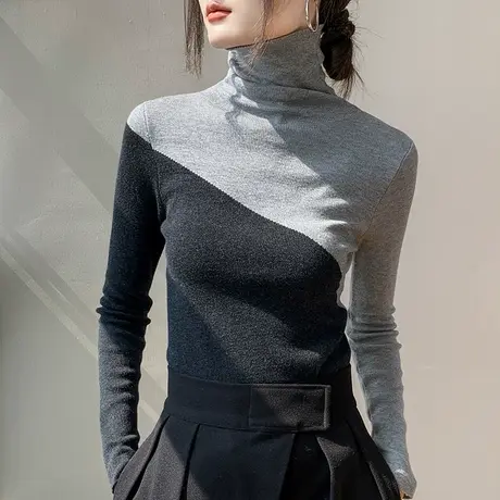 高领打底衫女秋冬毛衣内搭韩版时尚设计感小众撞色拼接针织羊毛衫图片