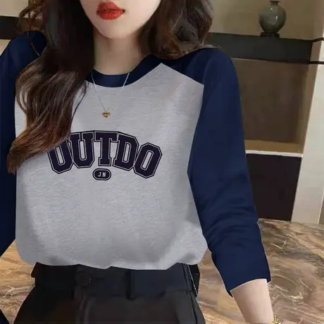 长袖插肩t恤女纯棉字母印花秋衣打底衫2022秋季新款宽松韩版上衣图片