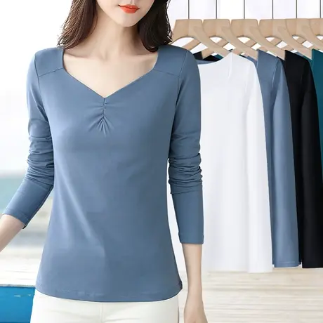 雾霾蓝色内搭修身纯棉打底衫女春秋新款长袖v领褶皱百搭t恤上衣图片