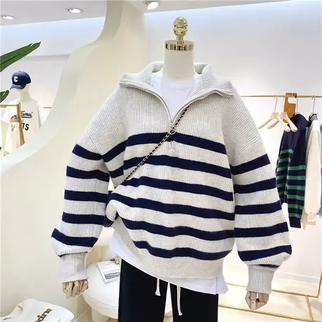 条纹风保暖拼接春冬加厚百搭拼色半拉链高领立领宽松针织毛衣女装图片