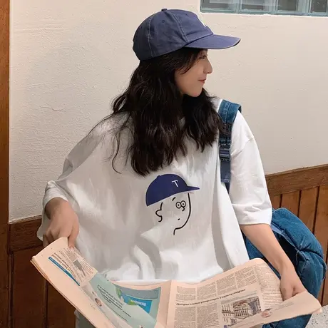 hiphop纯棉mm大码女装美式ins宽松白色oversize设计感小众短袖t恤商品大图