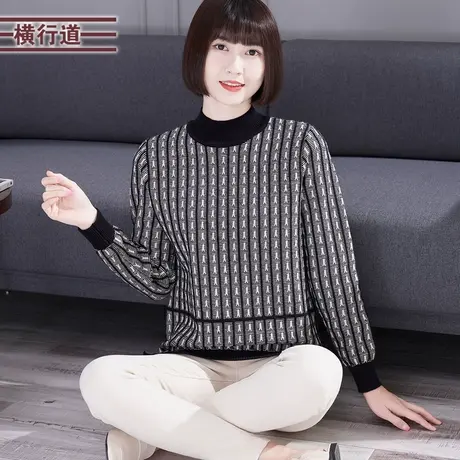 半高领条纹宽松针织厚款长袖毛衣打底衫休闲2025春装新款外穿女衣图片