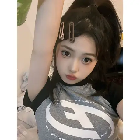 美式复古撞色插肩短袖T恤女装夏季2024新款休闲百搭修身短款上衣图片