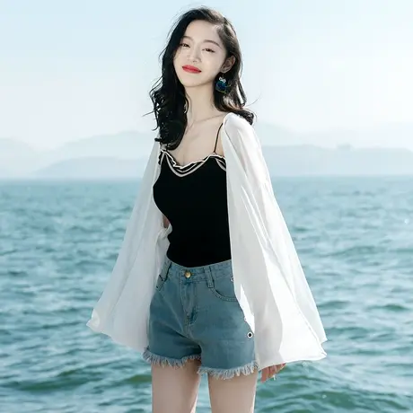 2023中长款夏季披肩外套雪纺空调衫外披韩版小心机开衫女薄款外搭图片