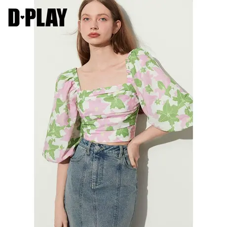 DPLAY2023夏麻感度假风绿粉百合方领灯笼袖捏褶印花短款上衣图片