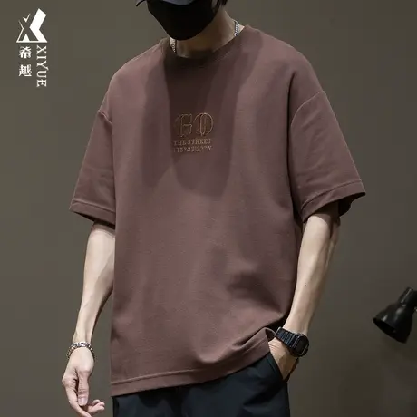 夏季韩版短袖T恤男咖色加肥加大宽松大码男士胖仔男装半袖体恤衫商品大图