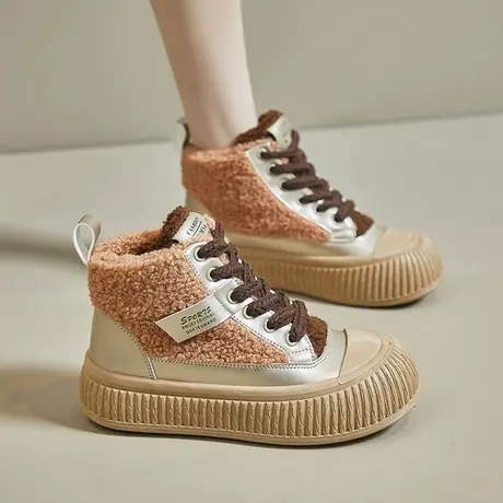 冬季加绒加厚棉鞋女2023年新款羊羔毛休闲高帮鞋子厚底短靴雪地靴商品大图