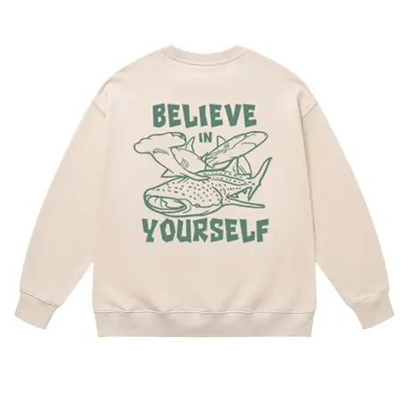 潮牌shark鲨鱼设计感美式圆领卫衣男潮牌ins秋冬新款加绒米色上衣图片