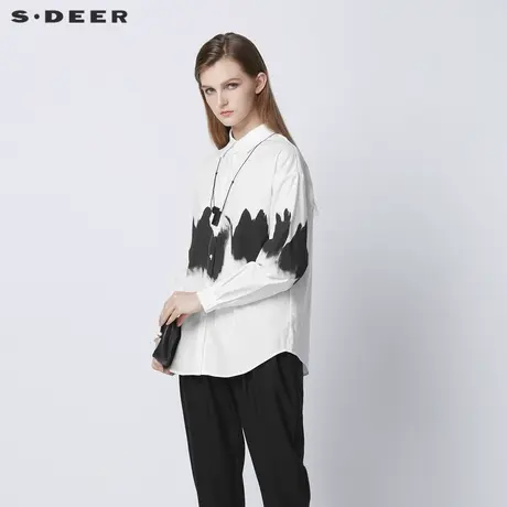 sdeer圣迪奥秋冬翻领水墨晕染宽松白色长袖衬衫S21380537图片