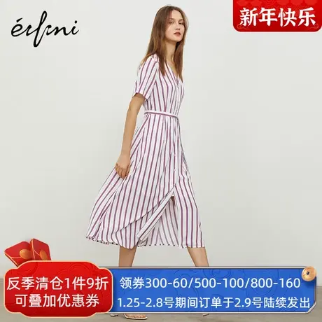 伊芙丽连衣裙新款夏装长裙复古条纹气质韩版长款v领裙子1A5993221图片