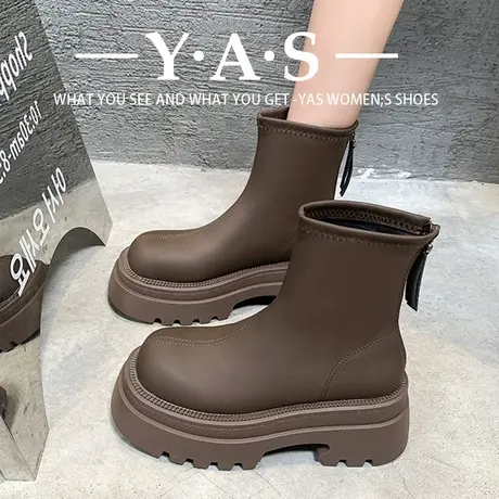 粗跟厚底马丁靴女2023年秋冬新款小个子增高弹力瘦瘦靴棕色短靴子商品大图