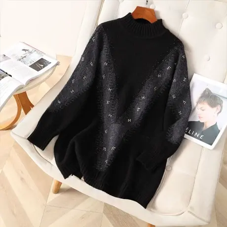 2024春季新款半高领毛衣女长袖慵懒风休闲烫钻宽松显瘦胖MM上衣潮图片