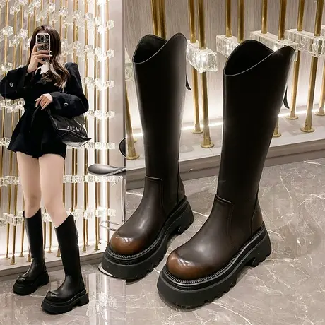 长筒靴子女2023新款长靴女秋冬加绒骑士靴增高厚底大头高筒瘦瘦靴图片