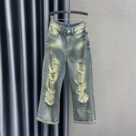 个性炸街破洞牛仔裤女2024春季新款复古高腰显瘦直筒阔腿裤拖地裤商品大图