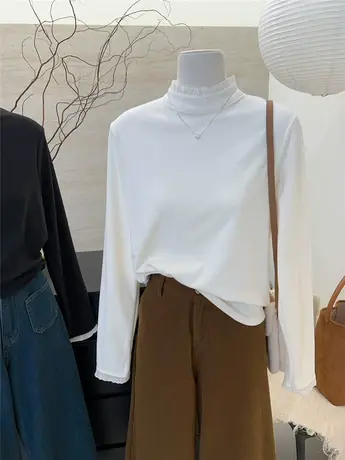 2024年冬季新款甜美时尚拼接蕾丝假两件加厚长袖t恤女打底衫上衣图片