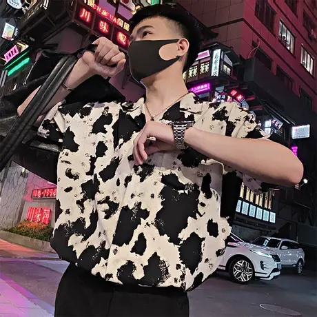 夏季男衬衫上衣衬衣短袖宽松迷彩花色半袖潮牌发型师时尚潮流休闲商品大图