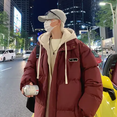 2024冬季棉衣外套男潮流假两件连帽棉袄ins港风潮牌情侣宽松棉服图片