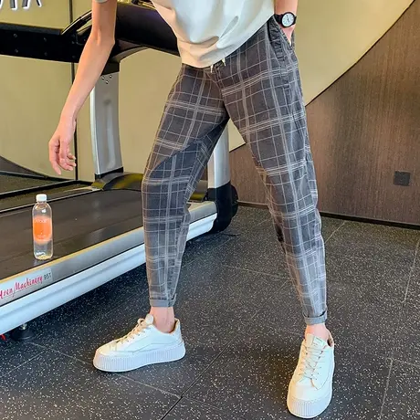 潮牌格子休闲裤男春秋季男裤2023新款潮流九分裤子小脚痞帅百搭商品大图