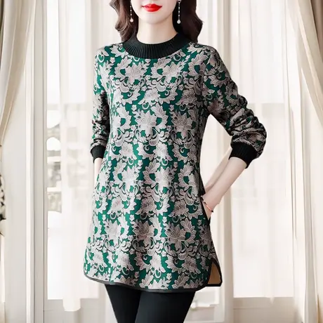 碎花打底衫女秋冬加绒加厚高级感中长款贵夫人洋气高贵中年妈妈装商品大图