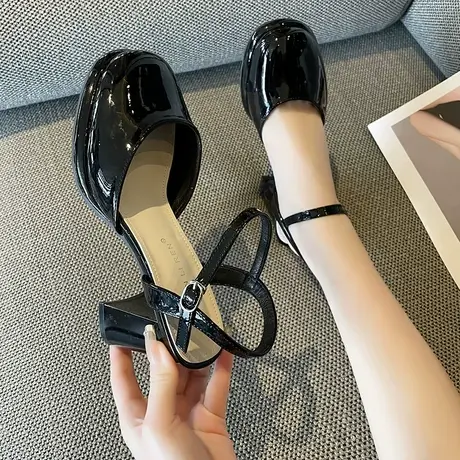 玛丽珍小皮鞋女2024新款一字扣带包头凉鞋法式高级百搭粗跟高跟鞋商品大图