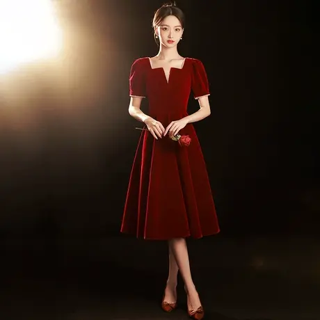 敬酒服新娘小个子夏季法式气质简约订婚礼服平时可穿酒红色连衣裙商品大图