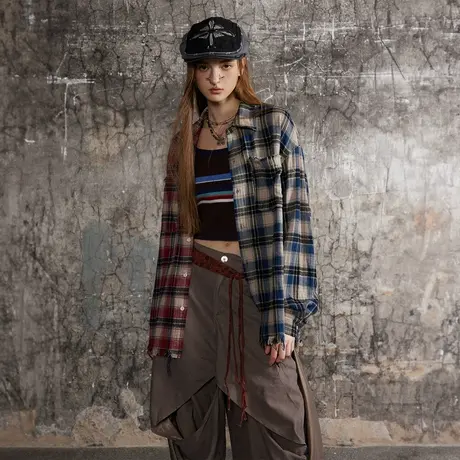 复古潮牌毛边格子衬衫女春秋2024新款宽松拼接情侣装衬衣女装上衣图片