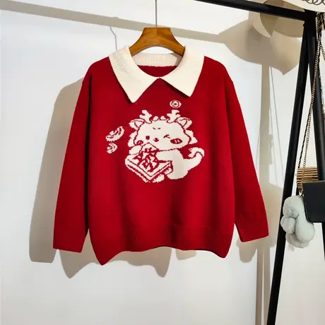 龙年毛衣女秋冬2024新年红色发财polo领时尚内搭打底针织上衣外穿商品大图