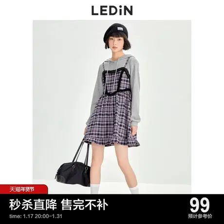 【不打烊清仓】乐町格纹假两件连衣裙休闲秋冬新款复古风拼接卫衣商品大图