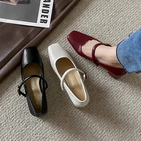 法式玛丽珍女鞋红色婚鞋复古小皮鞋浅口粗跟单鞋子晚晚气质高跟鞋图片