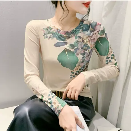 欧货印花网纱T恤女长袖气质减龄漂亮小衫时尚设计感圆领上衣春秋商品大图