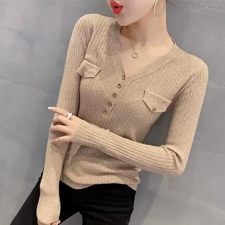 时尚V领毛衣女短款修身长袖洋气上衣紧身内搭百打底针织衫女春秋图片