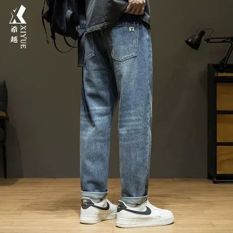 美式做旧水洗复古蓝牛仔裤男2024春季新款宽松大码男士直筒阔腿裤商品大图