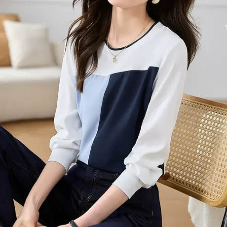 韩潮袭人宽松休闲撞色拼接长袖T恤洋气打底圆领上衣小衫图片