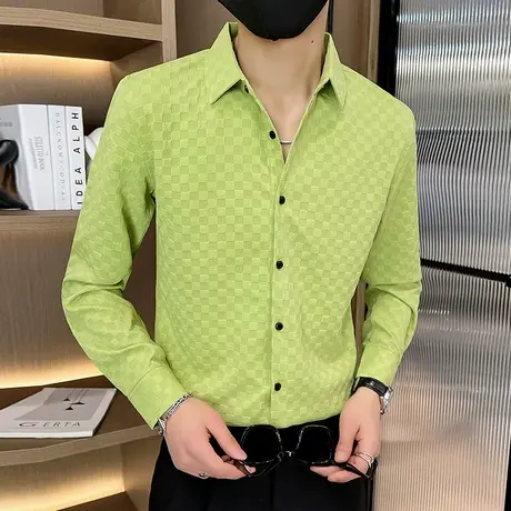 高级感格子衬衫男士长袖韩版潮流男装打底寸衫发型师潮牌ins衬衣商品大图
