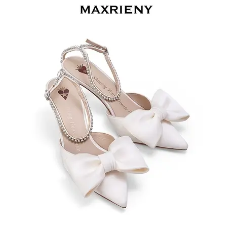 MAXRIENY甜美仙女风细高跟女鞋2023夏季新款蝴蝶结缎面尖头跟鞋商品大图